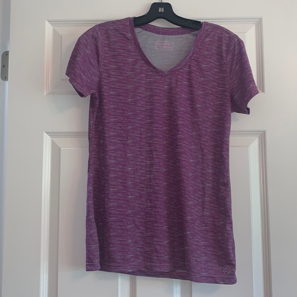 Be inspired purple striped v neck t shirt.